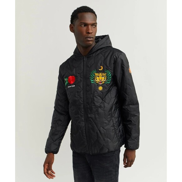 Reason Quilted Jacket Men’s XL Black Hooded Tiger Rose Patches - Picture 4 of 7